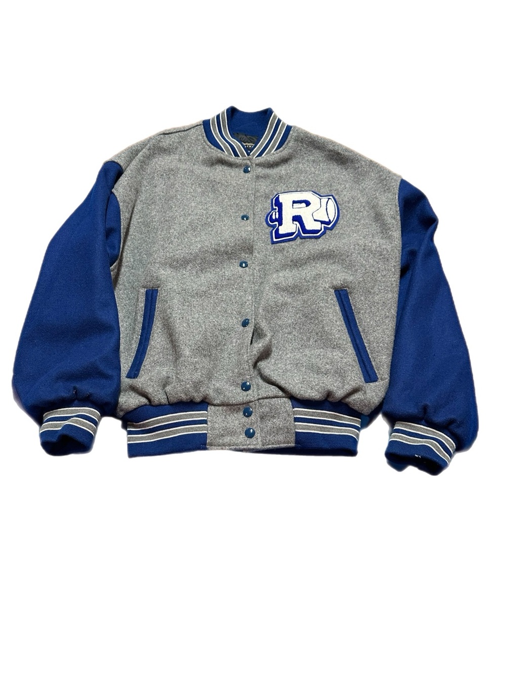 Vintage Gray Blue White Holloway Letterman / Varsity Jacket with 'R' Patch